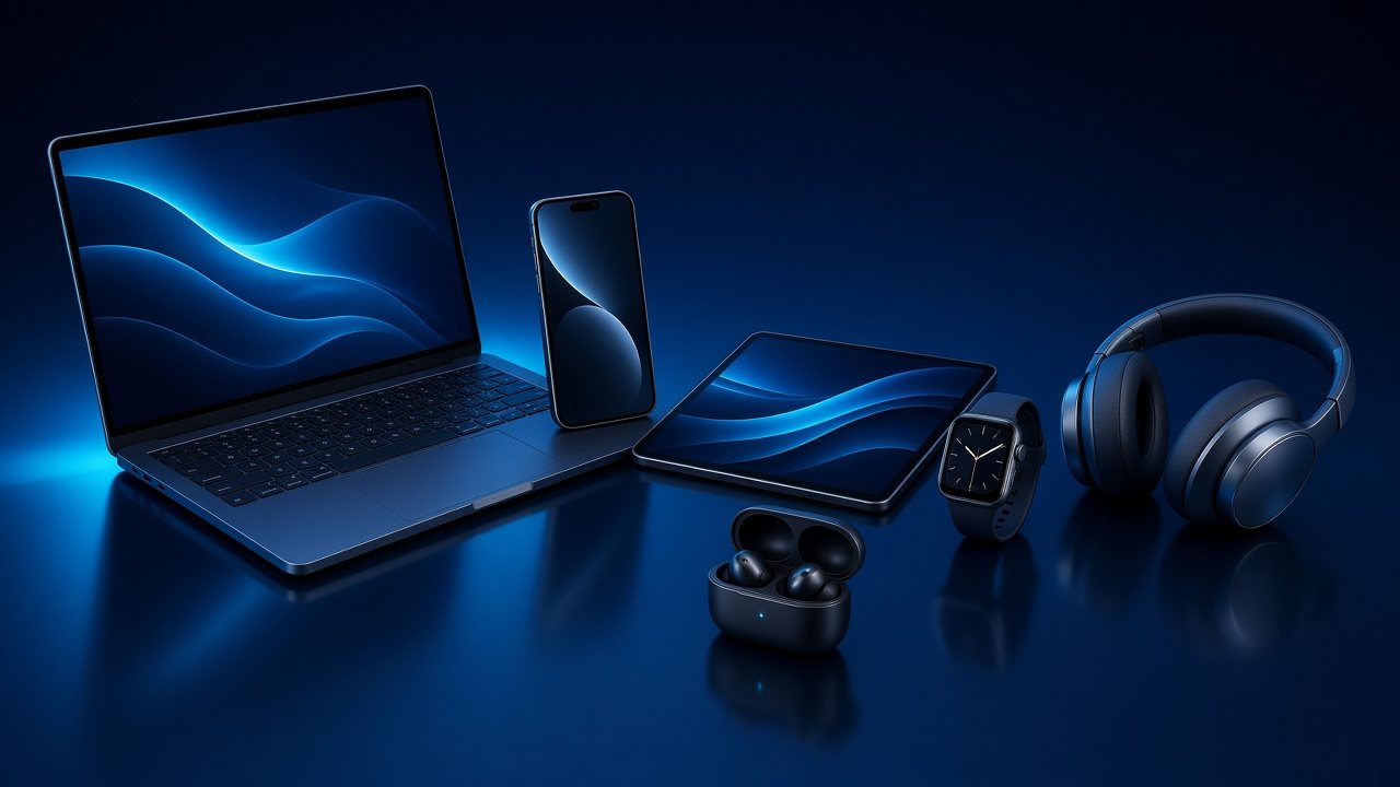 Illustrative category image: laptop, phone, smartwatch and headphones on a blue background
