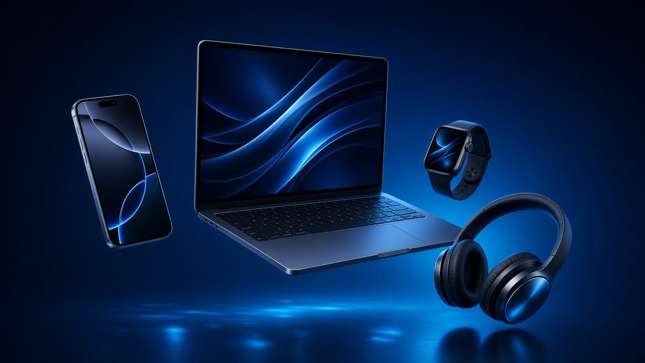 Imagine ilustrativă de categorie: laptop, telefon, smartwatch și căști